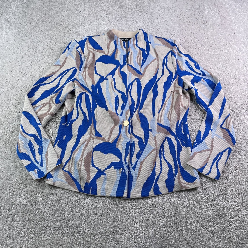 Misook Jacket Womens XL Blue Tan Abstract Mock Neck Knit Career Professional